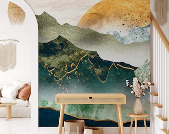 Modern Abstract Mountain Landscape Wallpaper - Golden Sun Teal Blue Green Mountains Wall Mural CCM080