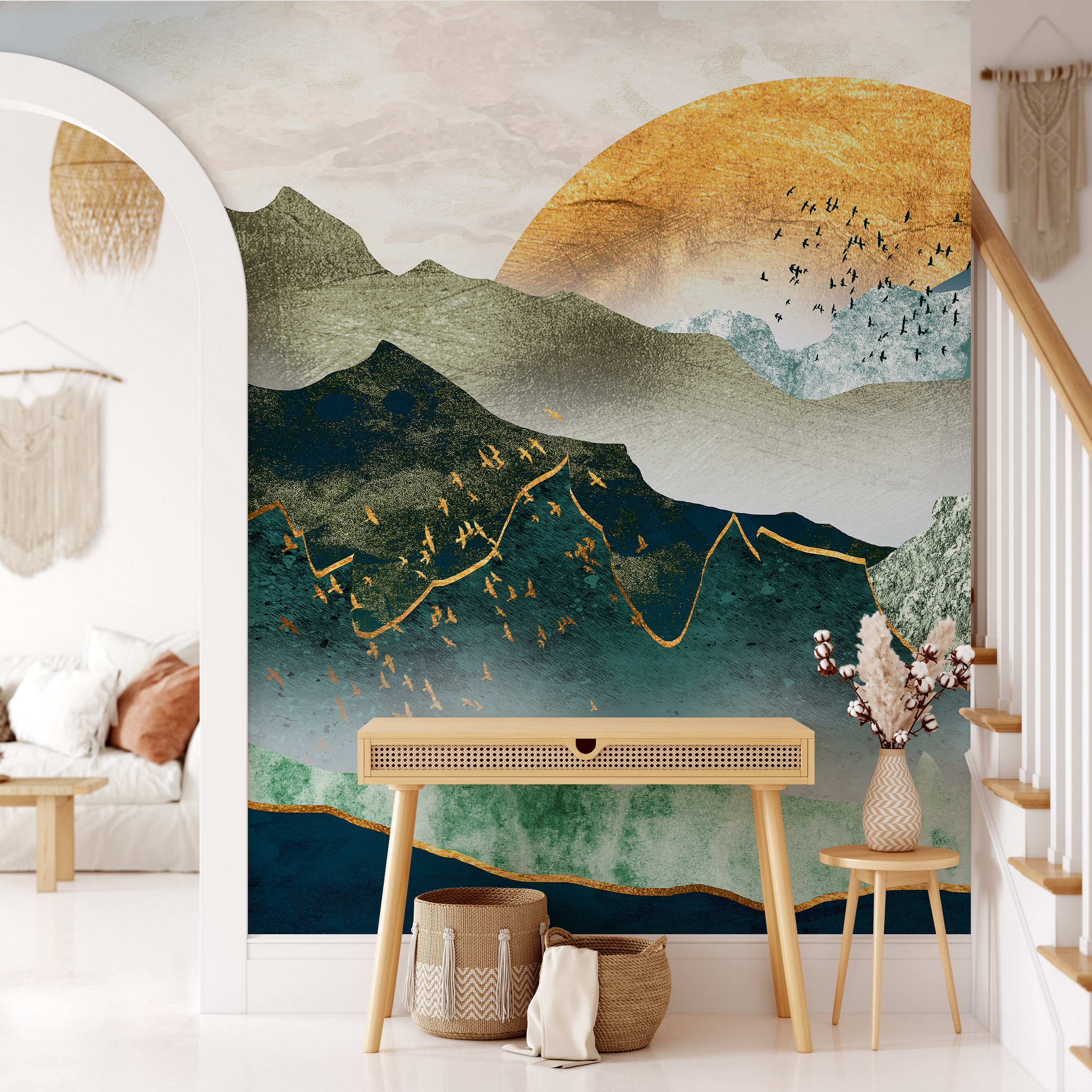 Green Mountain Peel and Stick Mural Wallpaper Abstract Etsy