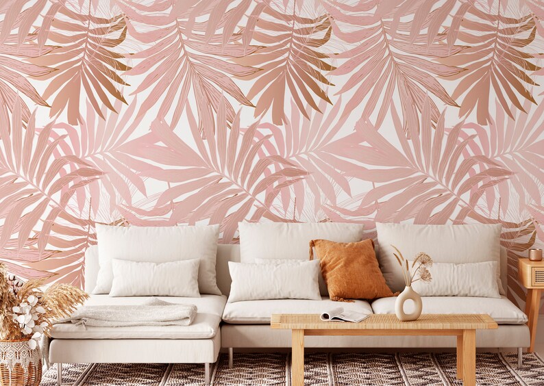 Pink Tropical Peel and Stick Wall Mural Palm Leaves Self Etsy