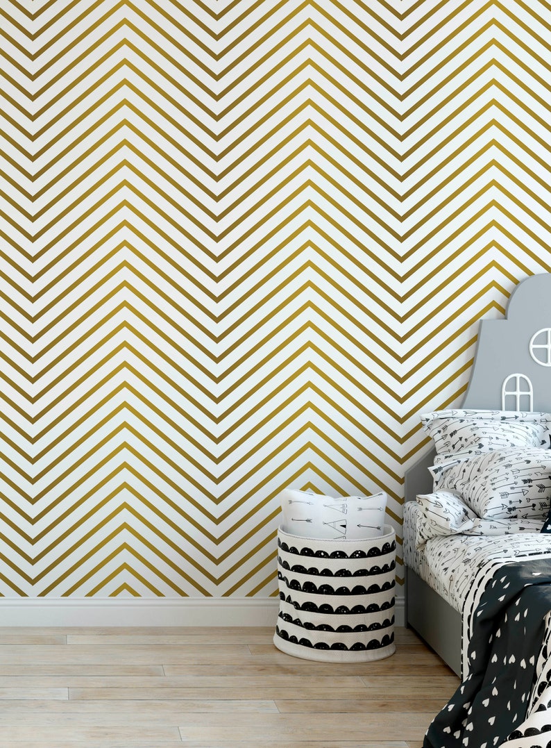 Gold Chevron Temporary Wallpaper Peel and Stick Geometric Etsy
