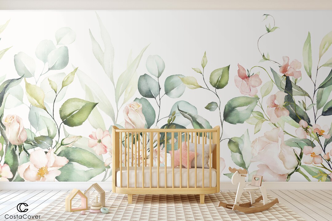 Watercolor Flowers Nursery Wallpaper - Roses Peony Sage Green ...