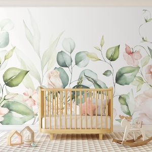 Watercolor Flowers Removable Mural Wallpaper - Roses Eucalyptus Kids Peel and Stick Floral Wallpaper - Self Adhesive Nursery Decal CCM101