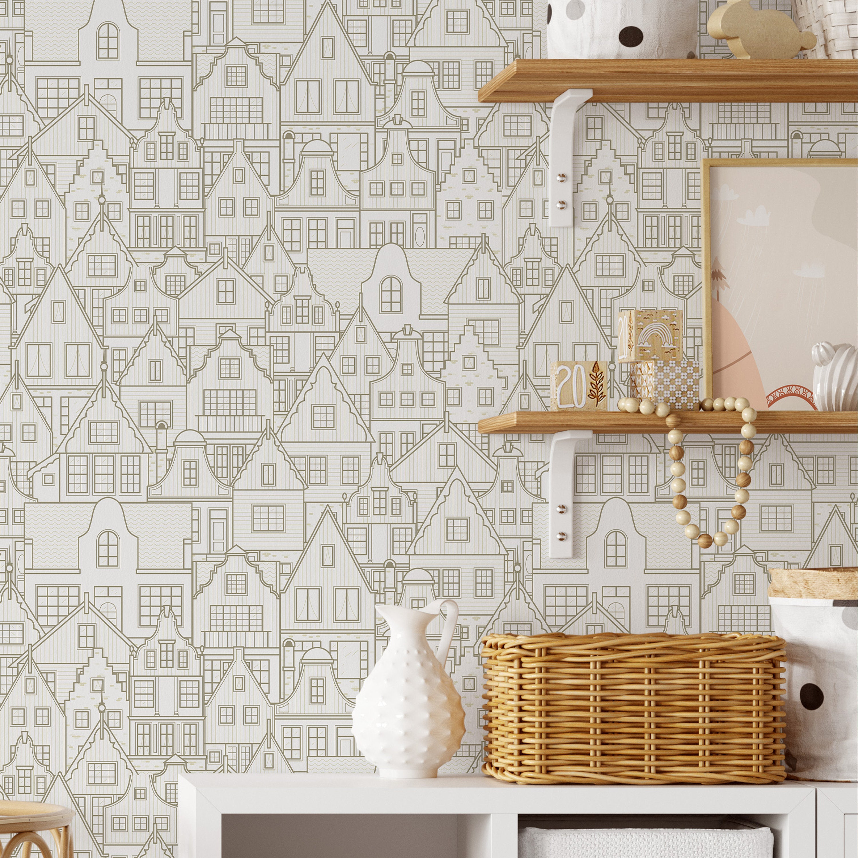 Neutral City Houses Peel & Stick Wallpaper - Removable Old Buildings Sketch Art Wall Decal - Village Pattern Self Adhesive Wall Mural CC312
