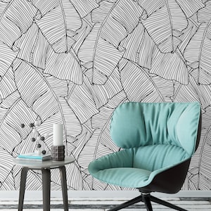 Tropical Banana Leaves Removable Wallpaper - Palm Leaf Self Adhesive Fabric Wall Decal - Black and White Floral Peel and Stick Decor CC254