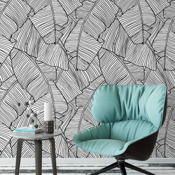 Tropical Banana Leaves Removable Wallpaper - Palm Leaf Self Adhesive Fabric Wall Decal - Black and White Floral Peel and Stick Decor CC254