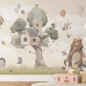 Nursery Kids Room Wall Mural - Peel and Stick Air Balloons Wallpaper - Self Adhesive Tree House Cute Forest Animals Decal Wallpaper CCM090