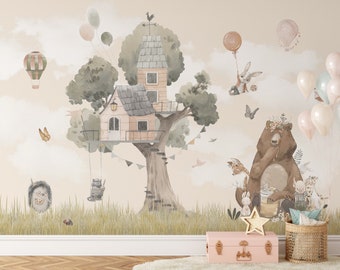 Nursery Kids Room Wall Mural - Peel and Stick Air Balloons Wallpaper - Self Adhesive Tree House Cute Forest Animals Decal Wallpaper CCM090