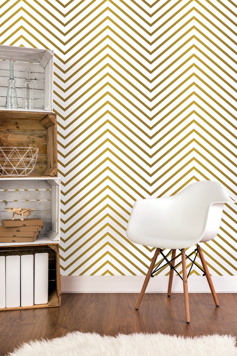 Gold Chevron Temporary Wallpaper Peel and Stick Geometric Etsy