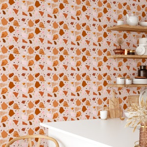 Terracotta Pink Orange Terrazzo Peel and Stick Wallpaper - Self Adhesive Minimalistic Wall Decal - Removable Texture Bold Mosaic CC267