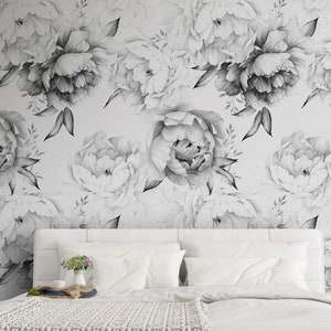 Black and White Toile Peony Removable Mural - Self Adhesive Floral Wall Decal Decor - Large Flower Print Peel and Stick Wallpaper CCM051