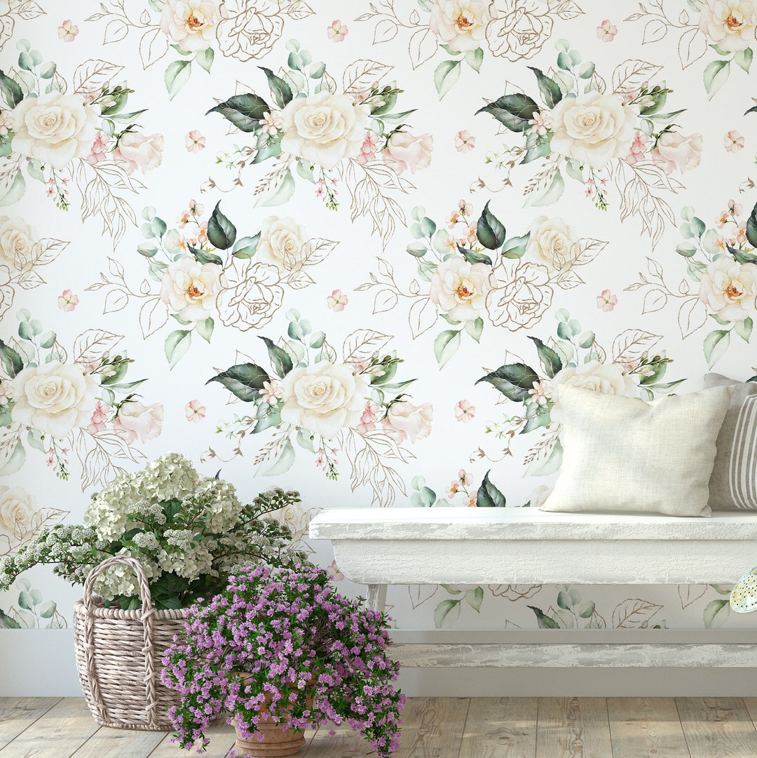 Blush Rose Peel and Stick Wallpaper - Green Leaves White Flower ...