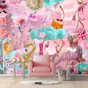 Pink Fashion Style Self Adhesive Wall Mural - Photo Effect Pattern Peel & Stick Decal - Aesthetic Female Collage Removable Wallpaper CCM175