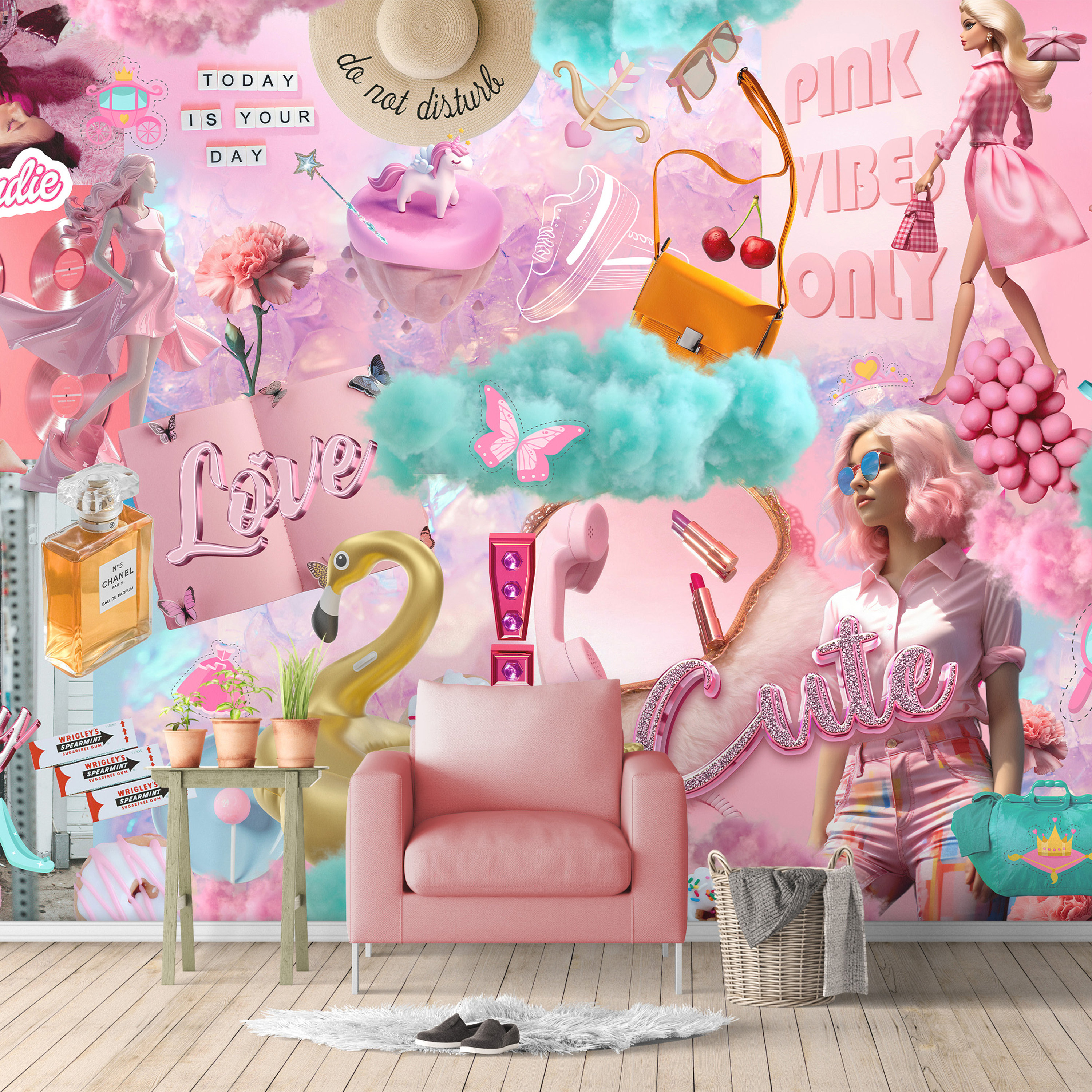 Vintage Illustration' Wallpaper - 219 Barbie™ Pink