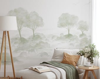 Sage Green Watercolor Landscape Wall Mural - Neutral Tree Nursery Bedroom Decor Peel and Stick Wallpaper CCM221
