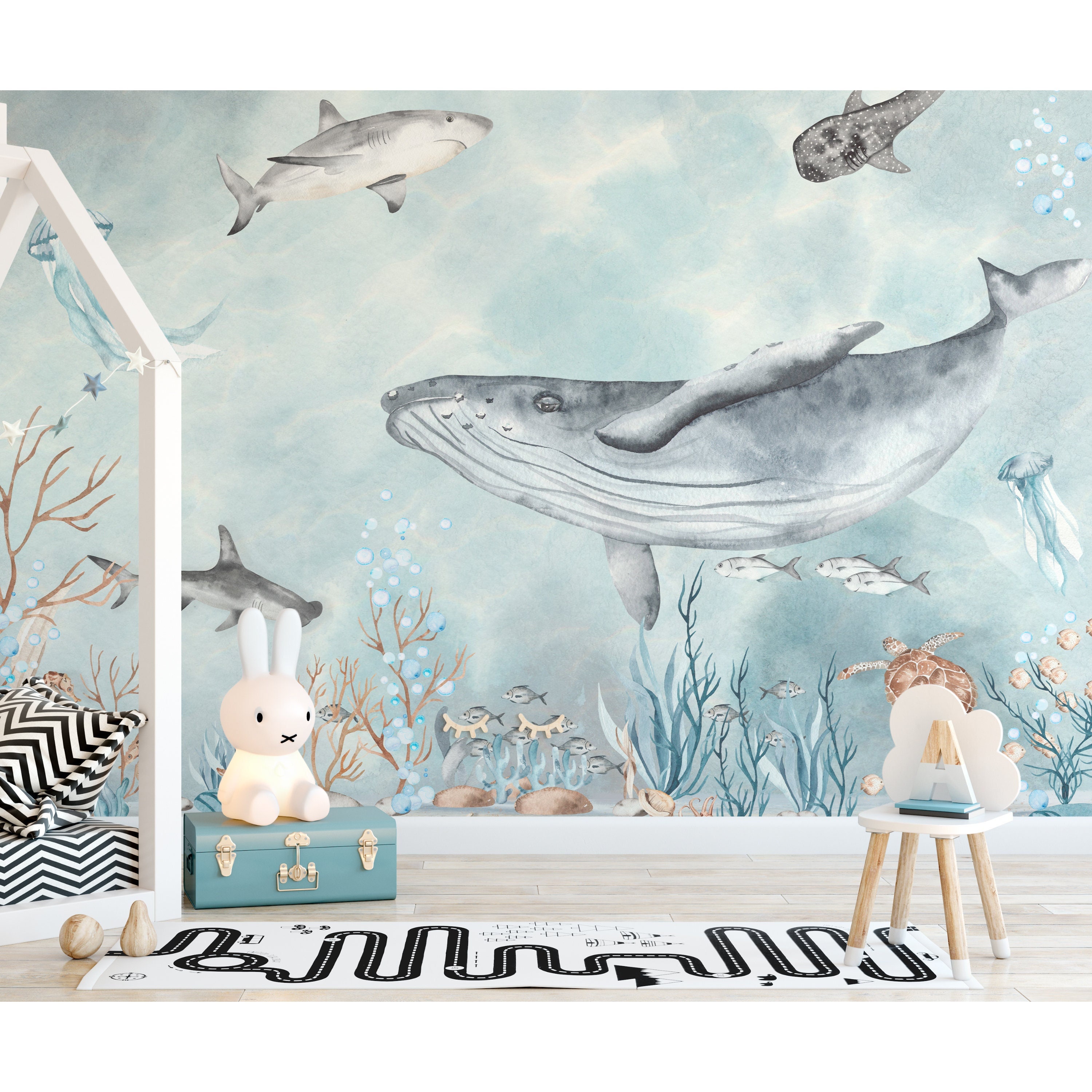 Watercolor Sea World Wall Mural - Ocean Fish Whale Turtle Shark Jellyfish - Kid Peel and Stick Wallpaper -Self Adhesive Nursery Decal CCM050