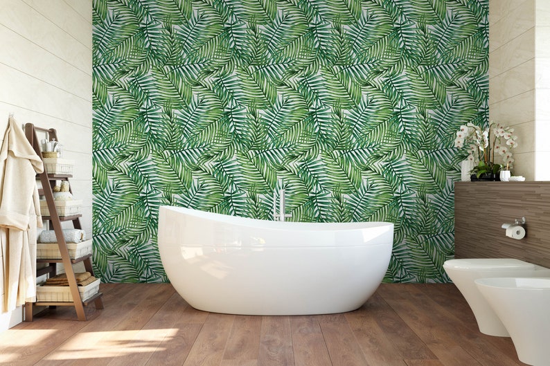 Watercolor Green Wallpaper - Tropical Palm Banana Leaves Peel and Stick Wall Mural CC162 image 3