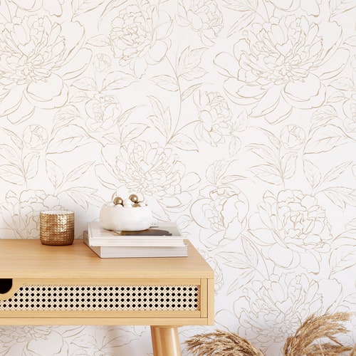 Beige Line Art Peony Flower Wallpaper - Neutral Boho Style Floral Wall Mural CC275