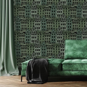 Green City Houses Peel and Stick Wallpaper - Removable Old Buildings Sketch Art Wall Decal - Village Pattern Self Adhesive Wall Mural CC310