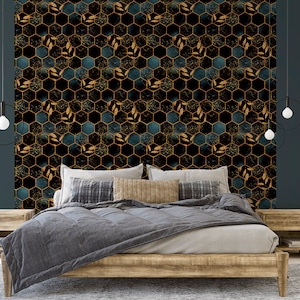 Dark Honeycomb Peel and Stick Wallpaper Self Adhesive Black Gold Hexagon Temporary Decal Removable Wall Mural CC043 image 3