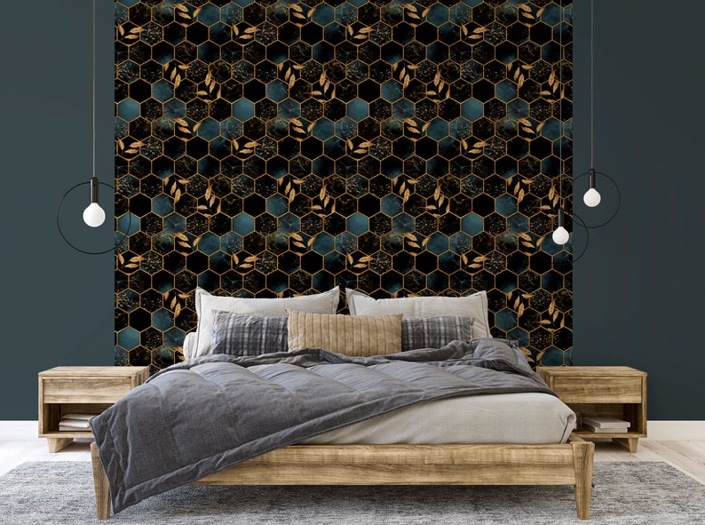 Dark Honeycomb Peel and Stick Wallpaper Self Adhesive Black Gold Hexagon Temporary Decal Removable Wall Mural CC043 image 3