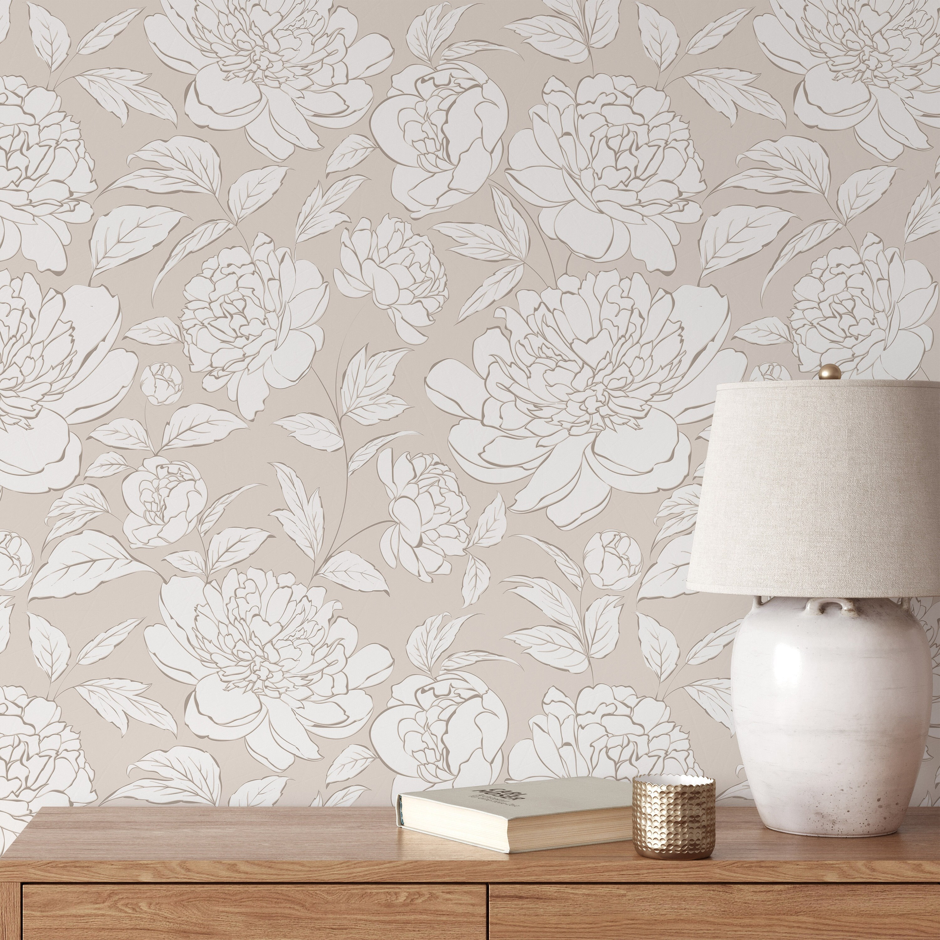 Boho Beige Peony Flowers Wallpaper - Floral Line Art Peel and Stick ...