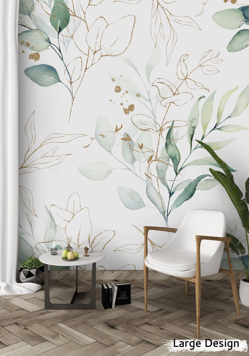 Green Eucalyptus Leaf Peel and Stick Wallpaper - Leaves Branches Removable Wall Decal - Boho Watercolor Floral Botanical Self Adhesive CC227 