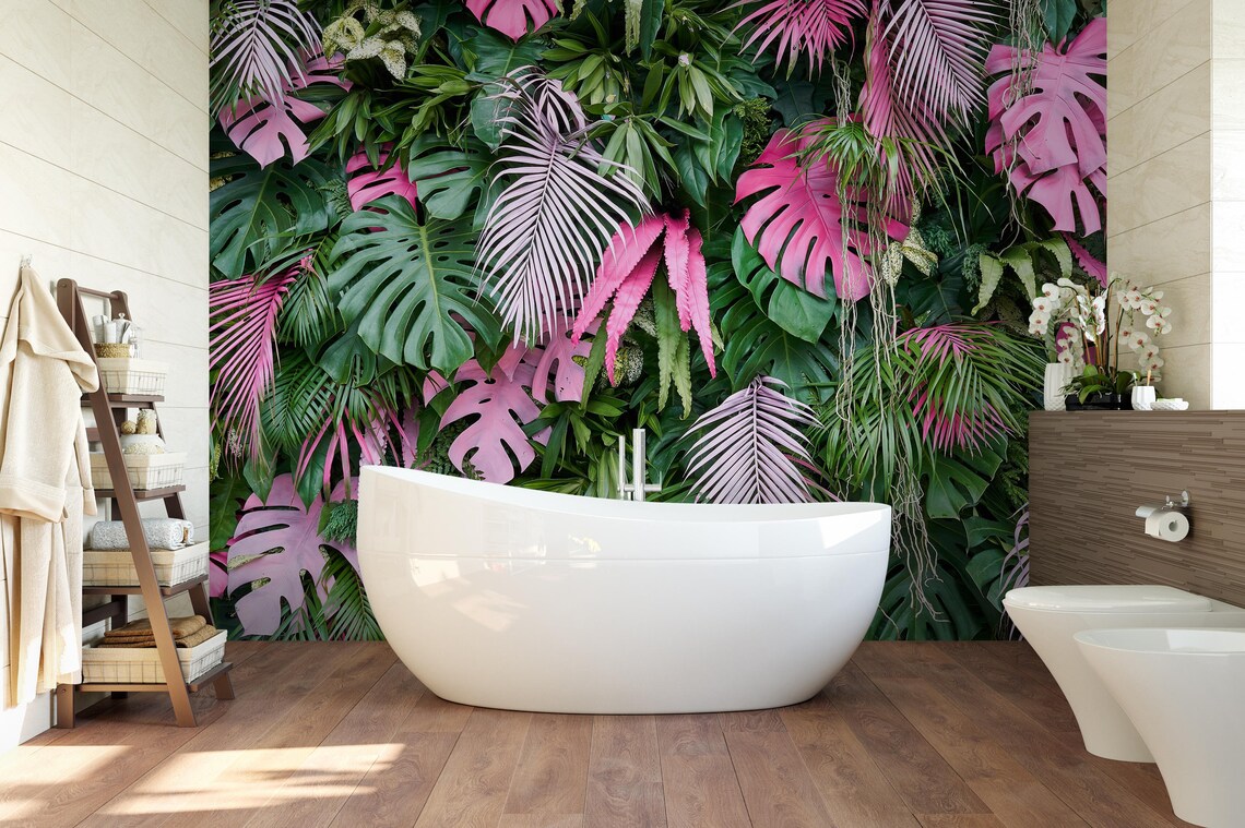 Green Tropical Removable Wall Mural Peel and Stick Pink Etsy