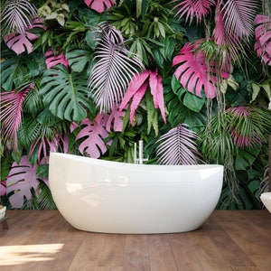 Green Tropical Peel and Stick Wall Mural Wallpaper - Removable Pink Leaves Decor - Monstera Palm Leaf Self Adhesive Print Wall Decal CCM001