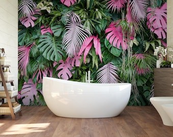 Green Tropical Peel and Stick Wall Mural Wallpaper - Removable Pink Leaves Decor - Monstera Palm Leaf Self Adhesive Print Wall Decal CCM001