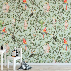 May include: Watercolor wallpaper featuring a repeating pattern of colorful parrots, toucans, and cockatoos perched on leafy branches against a light green background. The room includes a white table, chair, and decorative items.