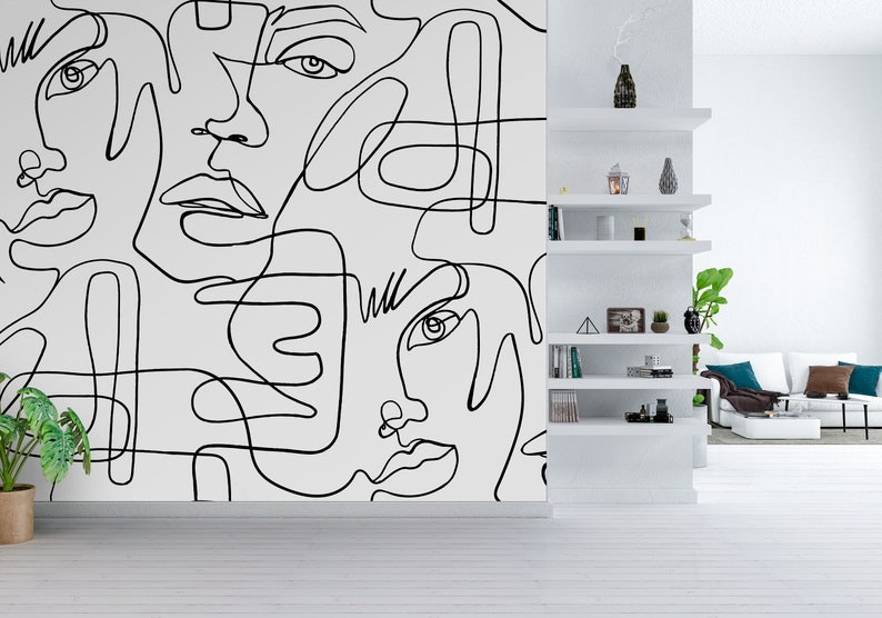 Abstract Female Face Removable Wall Mural Minimalist Line Etsy