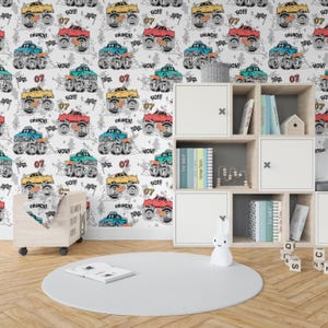 Сolored Monster Truck Peel and Stick Wallpaper - Removable Kids Room Print Wall Decal - Сolorful Cars Self Adhesive Wall Mural CC316