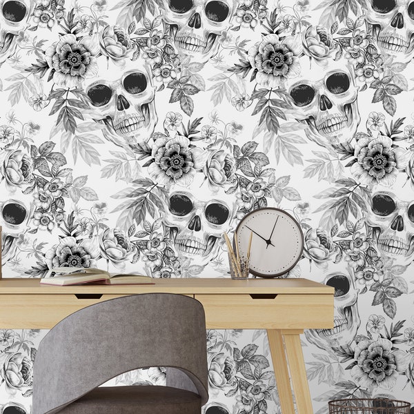 Black and White Skull Self Adhesive Wallpaper - Gothic Art Flowers Removable Decor Paper - Graffiti Rock Peel and Stick Floral Decal CC256