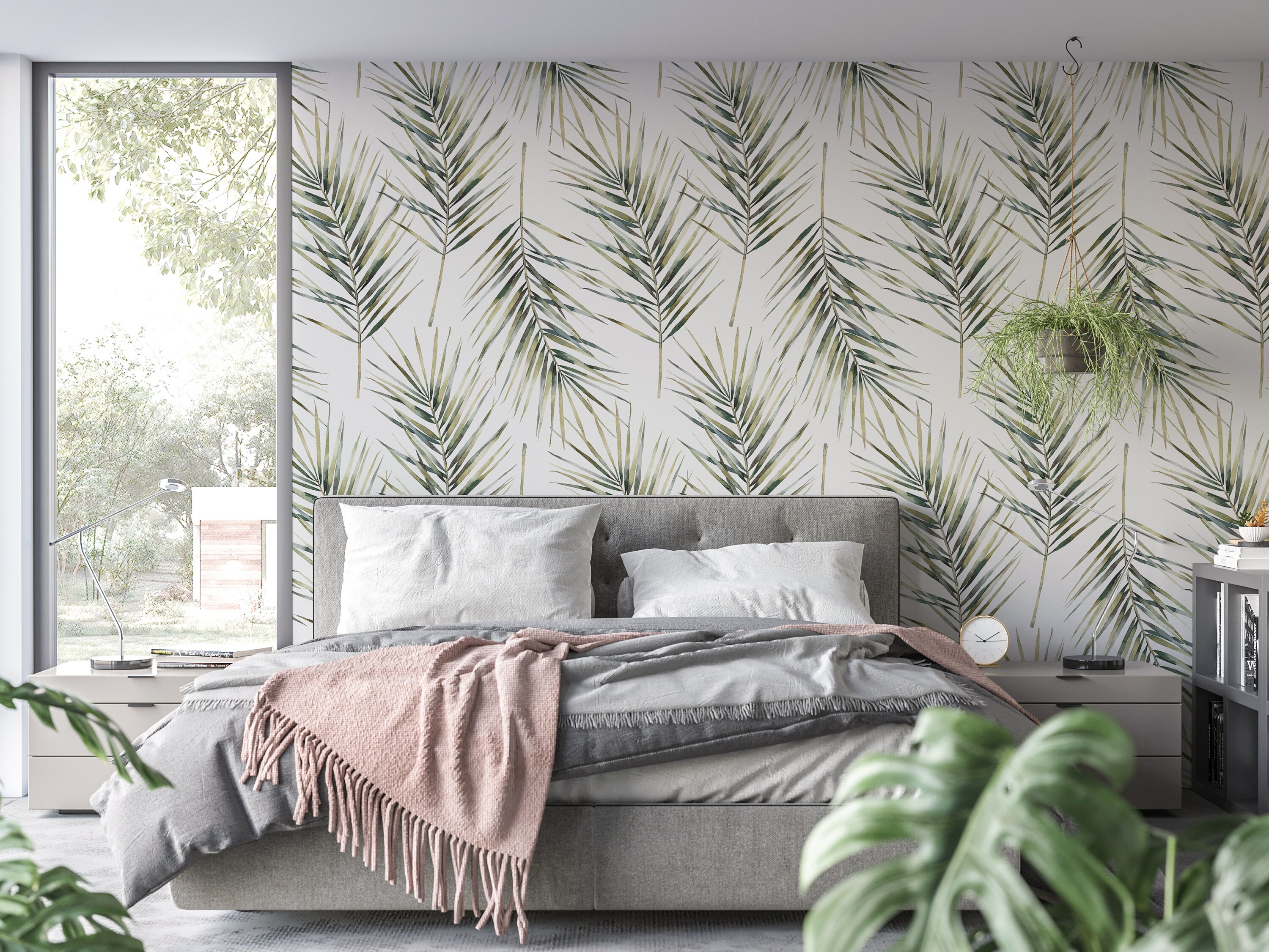 Tropical Green Peel and Stick Wallpaper - Exotic Palm Leaves Removable ...