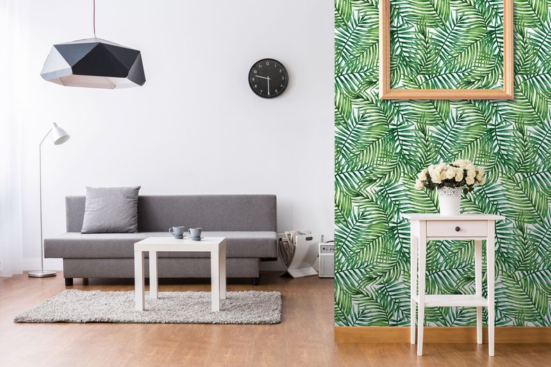Watercolor Green Wallpaper - Tropical Palm Banana Leaves Peel and Stick Wall Mural CC162 image 2