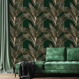 Dark Green Banana Leaves Peel & Stick Wallpaper - Temporary Jungle Print Wall Cover  - Tropical Self Adhesive Removable Wall Mural CC346