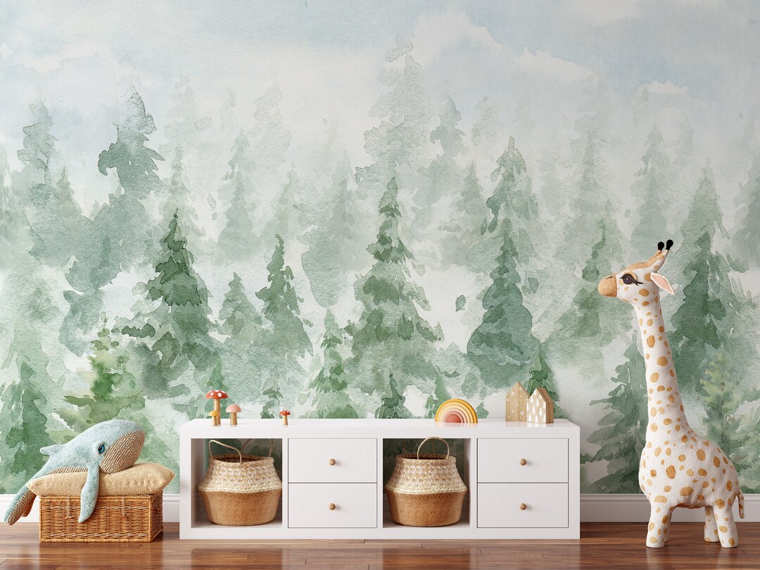 Woodland Nursery Watercolor Wall Mural - Fairy Pine Tree Forest Peel ...