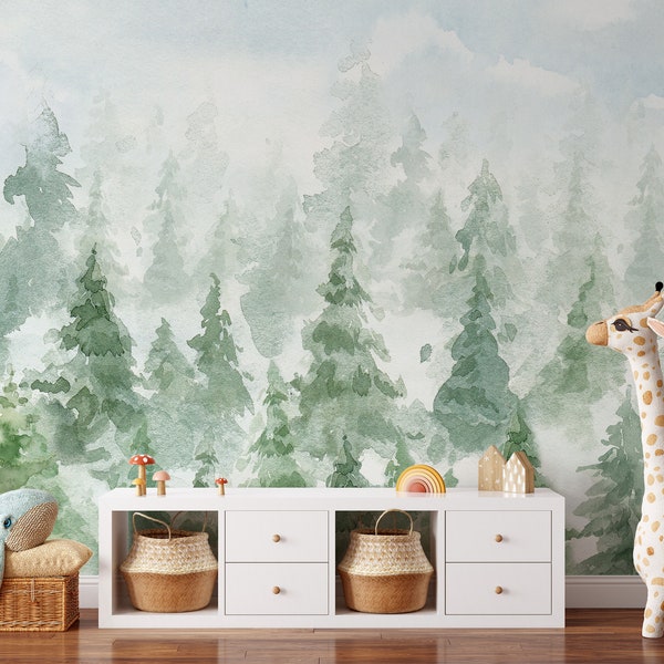 Woodland Removable Wall Mural - Fairy Pine Tree Peel and Stick Kids Nursery Decal - Watercolor Forest Self Adhesive Wallpaper CCM111