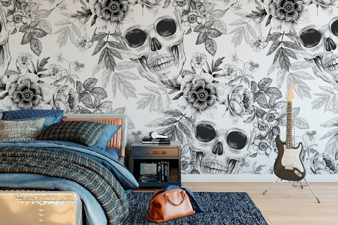Black and White Skull Peel and Stick Mural Wallpaper Gothic Art Flower