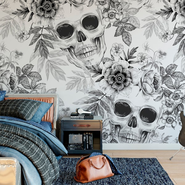 Black and White Skull Peel and Stick Mural Wallpaper - Gothic Art Flower Wall Decal - Self Adhesive Beauty Salon Spa Bar Wallpaper CCM065