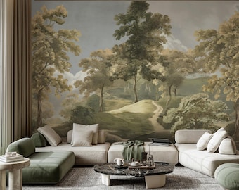 Vintage Green Landscape Wall Mural - Muted Forest Trees Scenic Peel and Stick Wallpaper CCM222