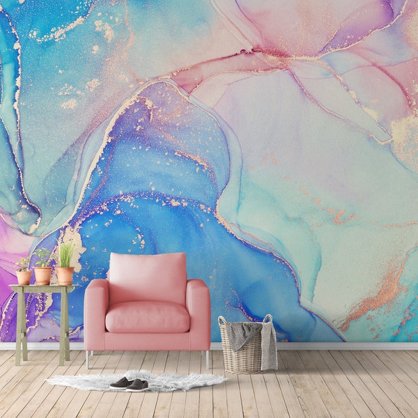 Watercolor Abstract Marble Peel and Stick Mural Wallpaper - Bedroom Wall Decal - Pink Blue Purple Removable Wallpaper Decor CCM068