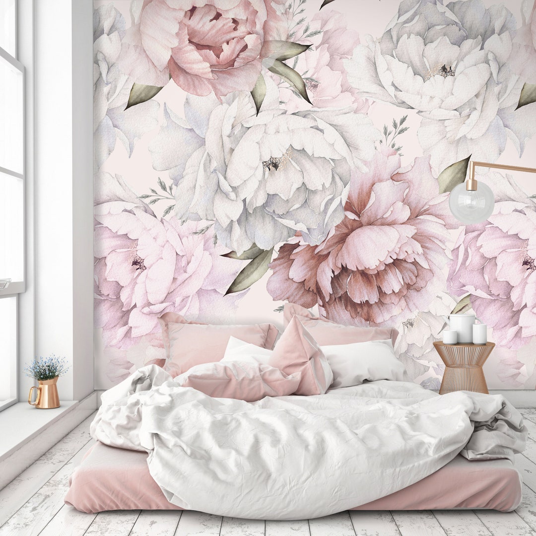 Blush Pink Peony Wall Mural - Watercolor Boho Floral Flowers Peel and ...