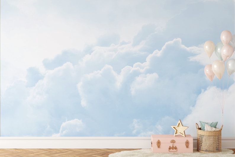 Boy Nursery Peel and Stick Mural Wallpaper Pastel Blue Sky Etsy