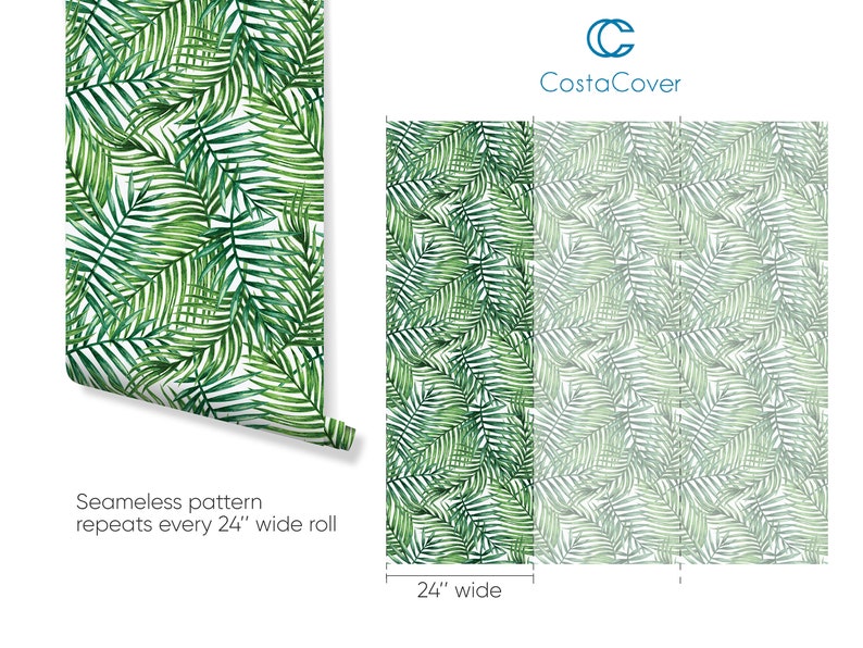 Watercolor Green Wallpaper - Tropical Palm Banana Leaves Peel and Stick Wall Mural CC162 image 5