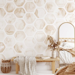 Abstract Honeycomb Self Adhesive Wallpaper - Boho Peel and Stick Decor Removable Tan Hexagon Wall Decal Bee Geometric Temporary Mural CC251