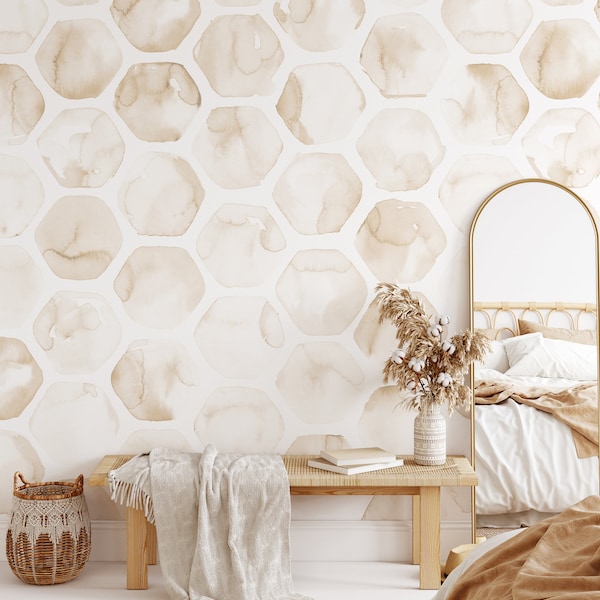 Abstract Honeycomb Self Adhesive Wallpaper - Boho Peel and Stick Decor Removable Tan Hexagon Wall Decal Bee Geometric Temporary Mural CC251