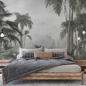 Jungle Tropical Mural Wallpaper - Peel and Stick Vintage Wallpaper - Palm Leaves Self Adhesive Decor - Retro Nature Wall Decal CCM087