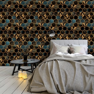 Dark Honeycomb Peel and Stick Wallpaper Self Adhesive Black Gold Hexagon Temporary Decal Removable Wall Mural CC043 image 2