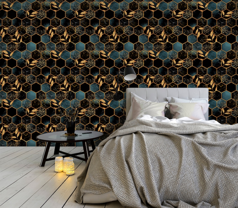 Dark Honeycomb Peel and Stick Wallpaper Self Adhesive Black Gold Hexagon Temporary Decal Removable Wall Mural CC043 image 2